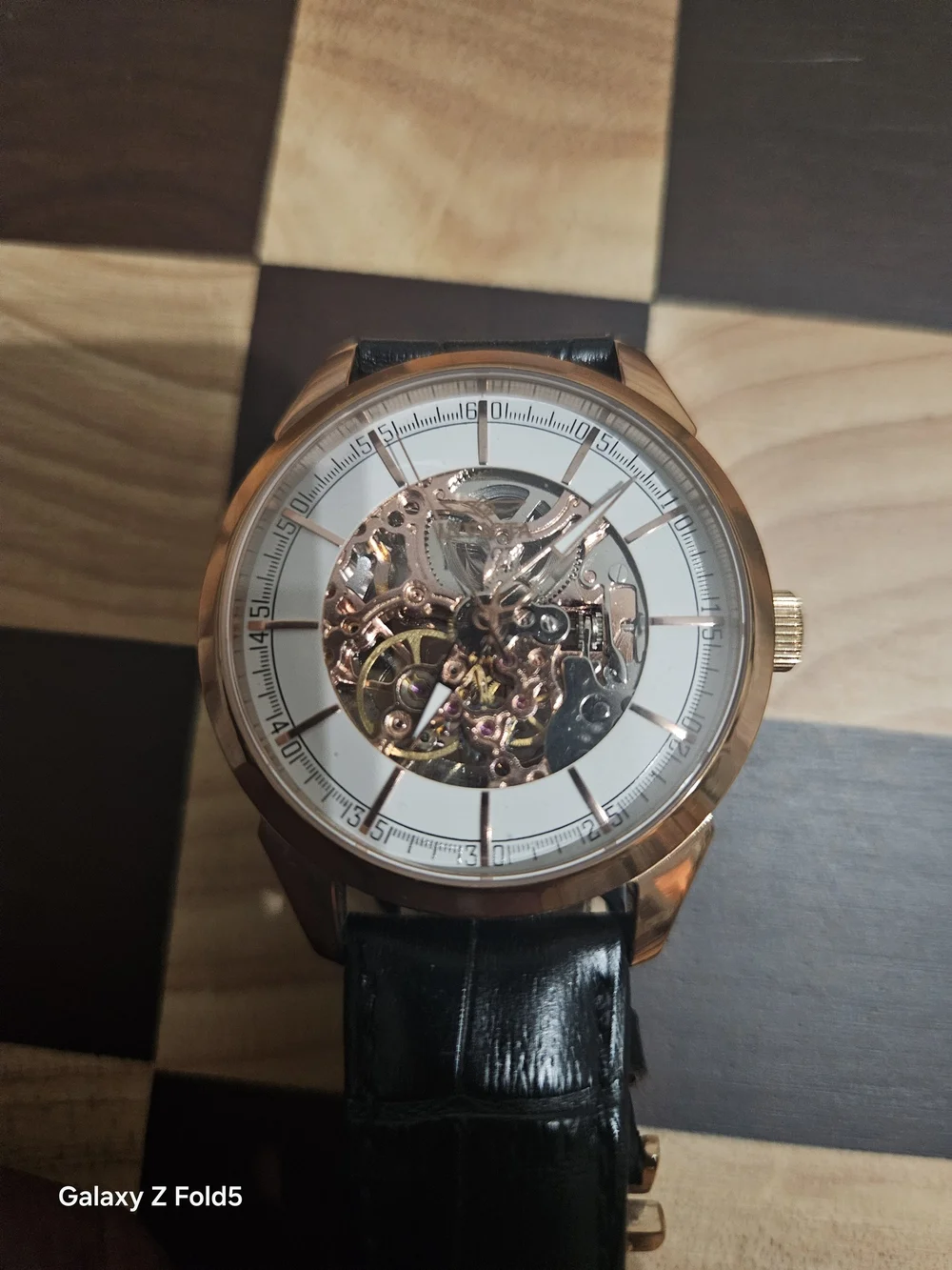Invicta 40mm Men's Rose Gold Skeleton Watch with Black Leather Strap